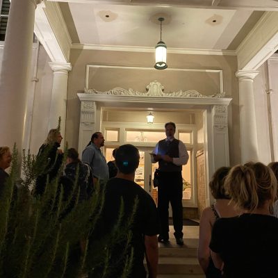 a group of people standing in a room