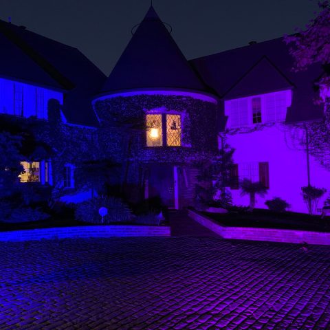 a building lit up at night