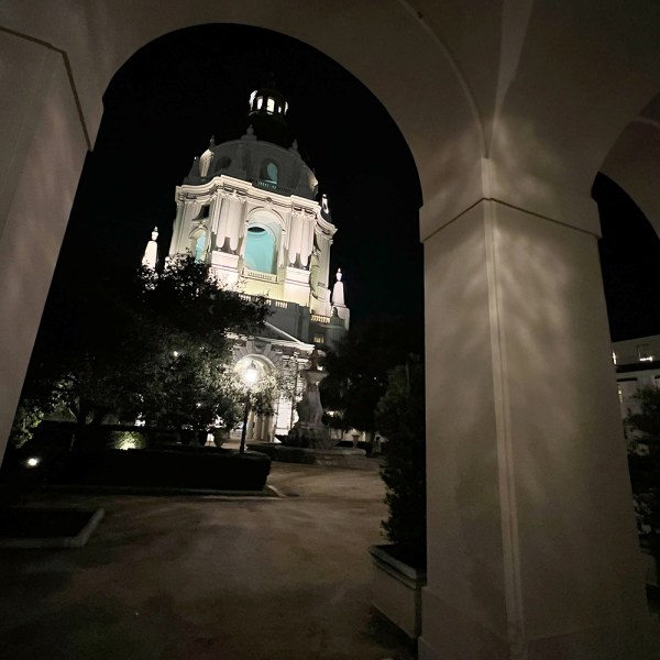 a building lit up at night