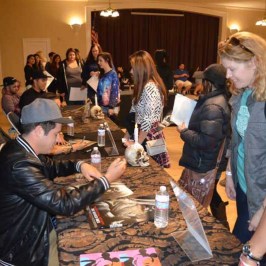 a group of people standing in a room