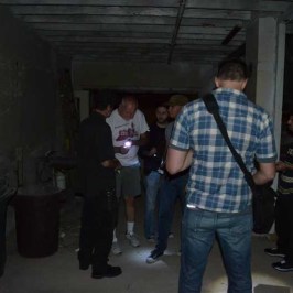 a group of people standing in a room