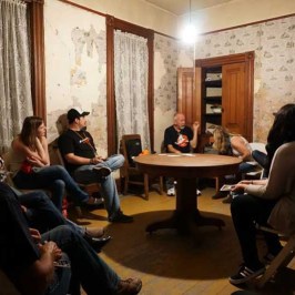 a group of people sitting in a room
