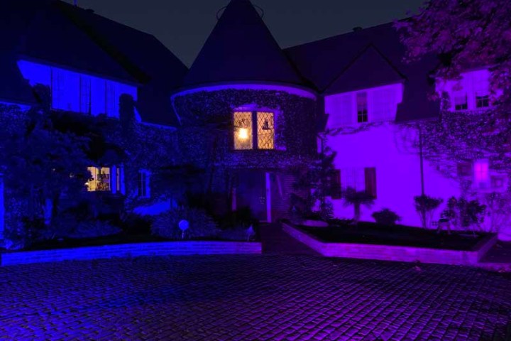 a building lit up at night