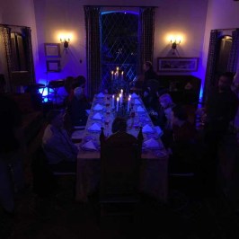 a group of people in a dark room