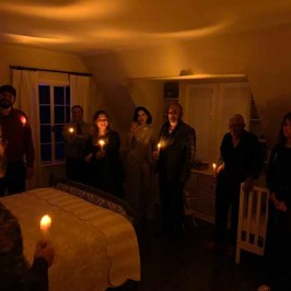a group of people standing in a room