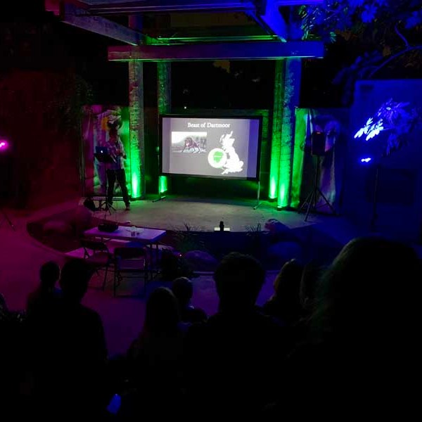 a group of people watching television in a dark room