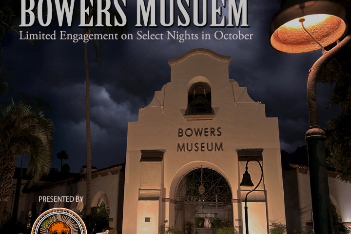 Night view of Bowers Museum entrance with event text 'Spirits & Legends of the Bowers Museum'.