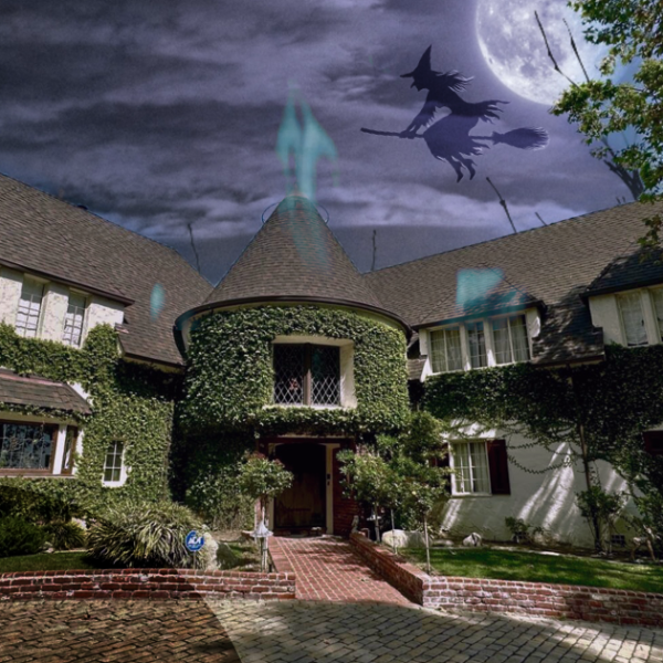 IMG_0439 Ivy-covered house at night with a witch silhouette flying in front of the moon.