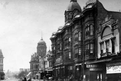 a vintage photo of a busy city street
