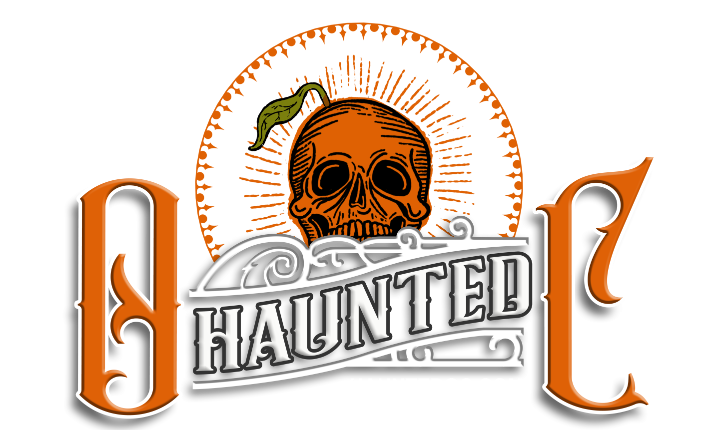 Skull with orange sunburst, text 'Haunted' below in ornate design.